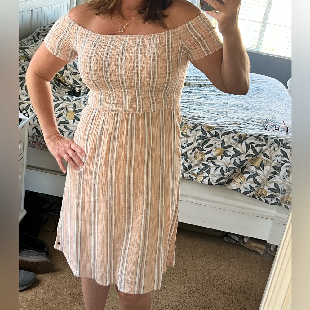 Roxy Off-Shoulder Midi Dress - Cream, Orange, Blue,  and Tan Stripes